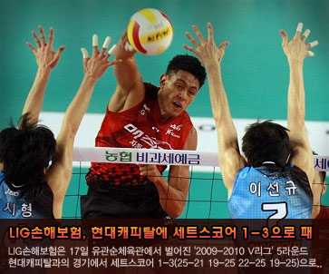 LIG손해보험, 현대캐피탈에 세트스코어 1-3으로 패